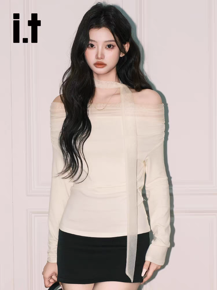 番茄园 法式温柔  一字肩拼接网纱上衣