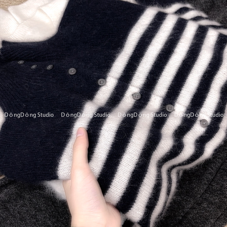 冬季新品【海军条纹】半高领骆马绒宽松长袖针织开衫毛衣外套 9027