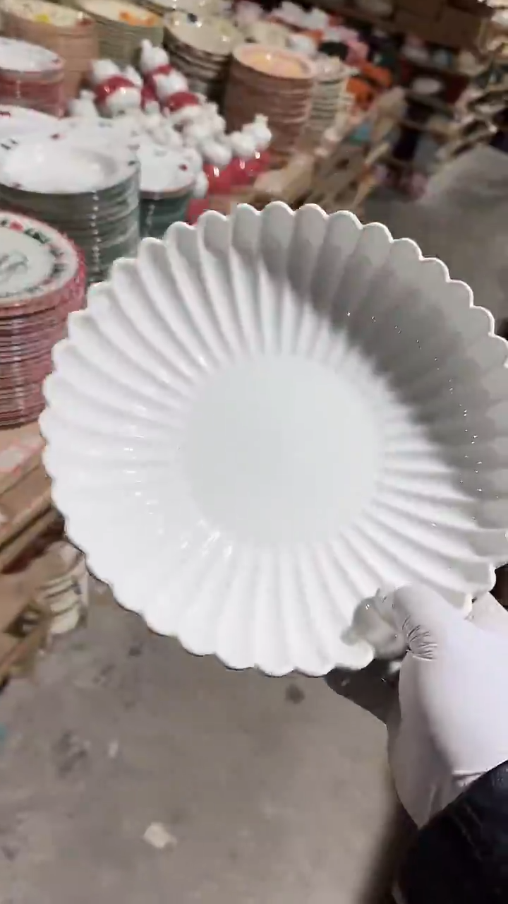 陶瓷10英寸天目菊深盘微瑕 凑满20元包邮