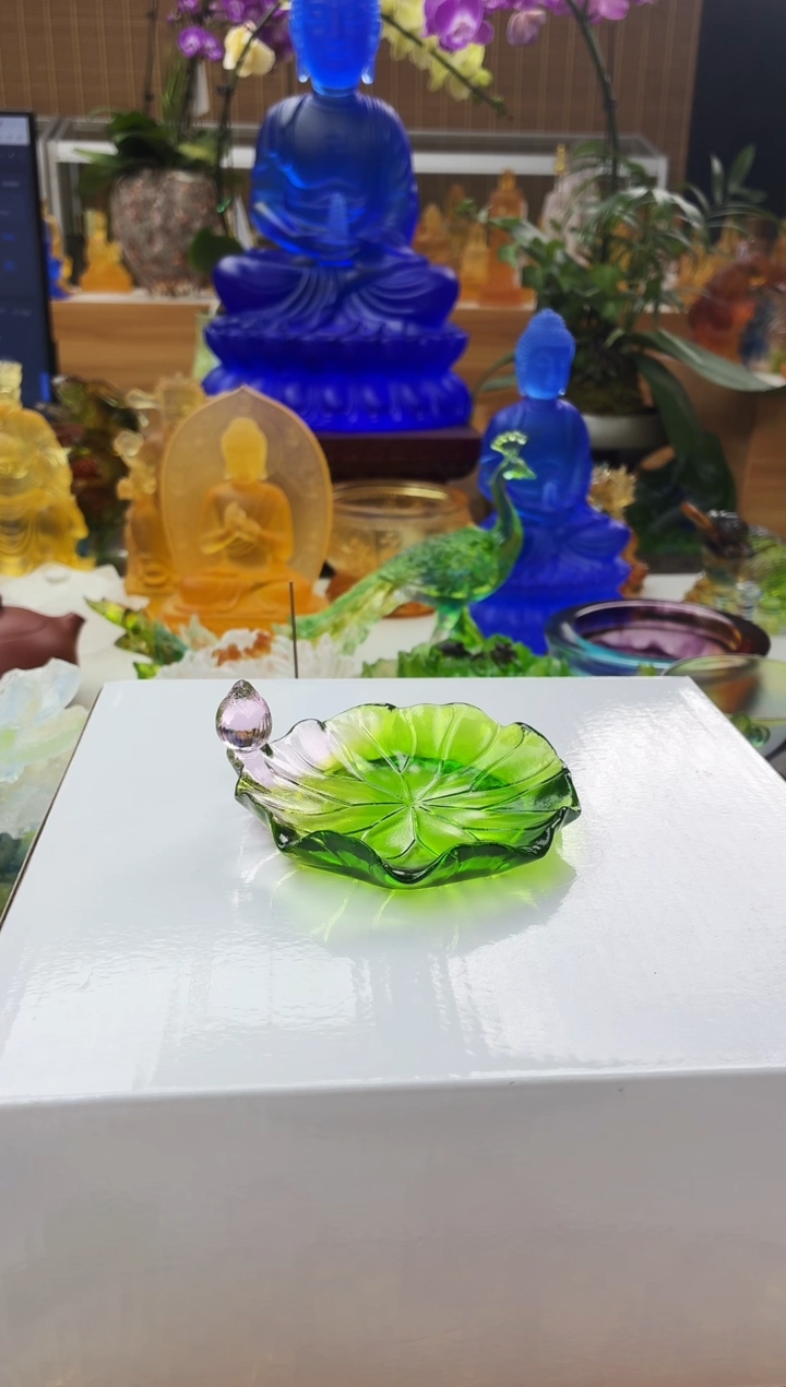 手工艺品琉璃绿色荷叶杯碟9.5公分