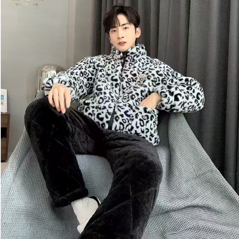 【0276黑白豹纹】保暖加厚三层夹棉翻领家居服套装男款睡衣冬季休闲