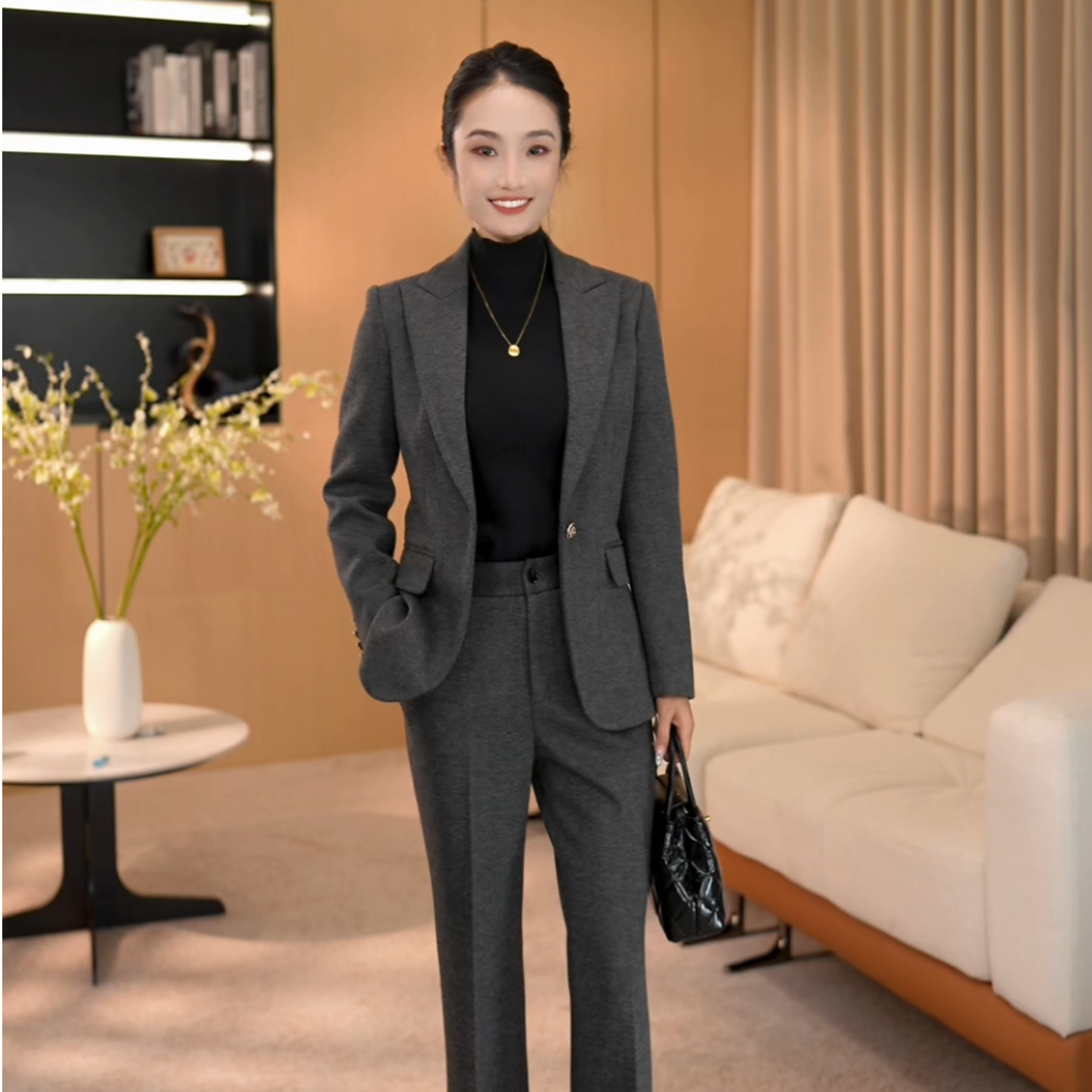 冬季加厚人字纹灰色西装套装女职业正装老钱风通勤西服外套