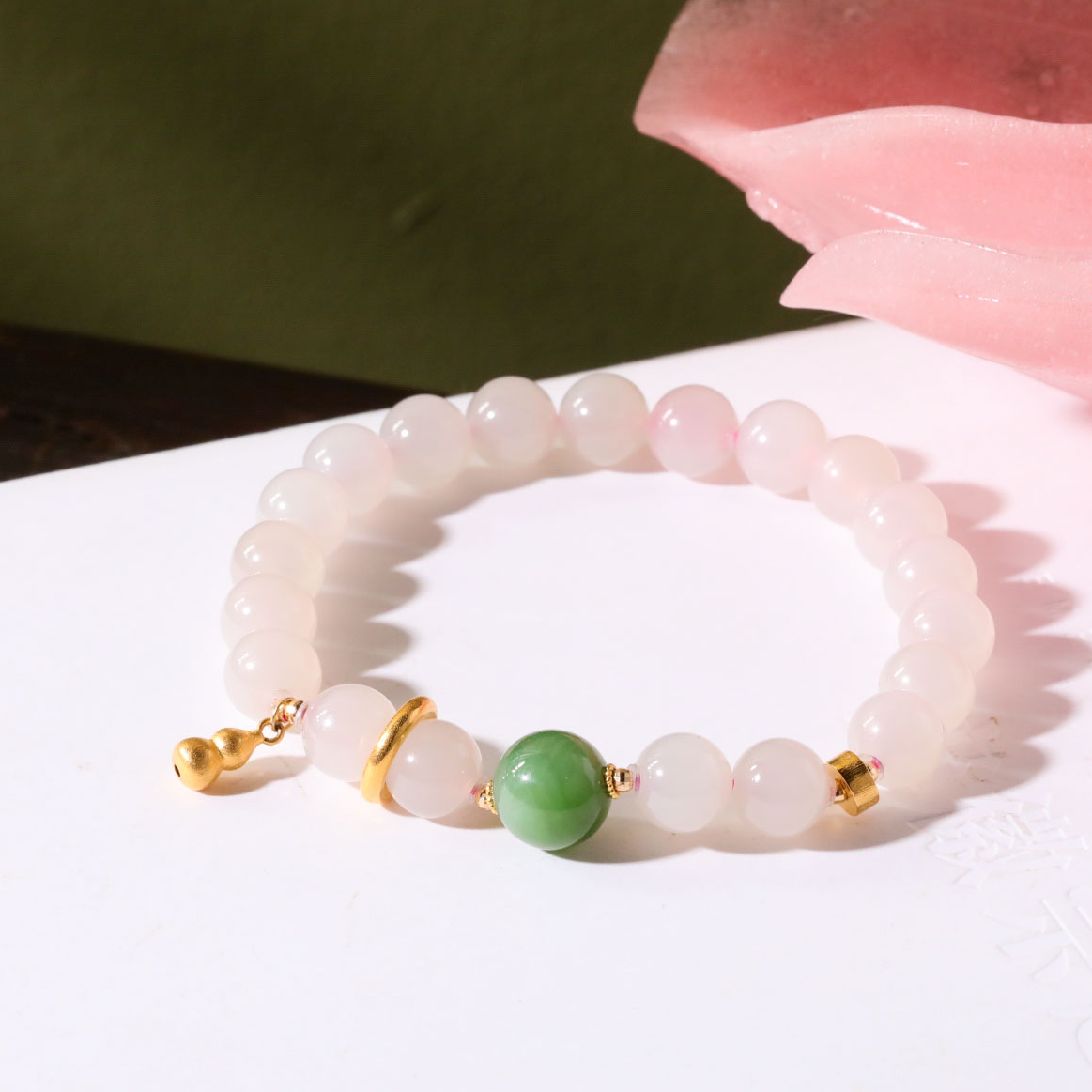 【意婵】《藕花绿》18K金精工葫芦和田玉藕粉碧玉粉绿转运珠-912315