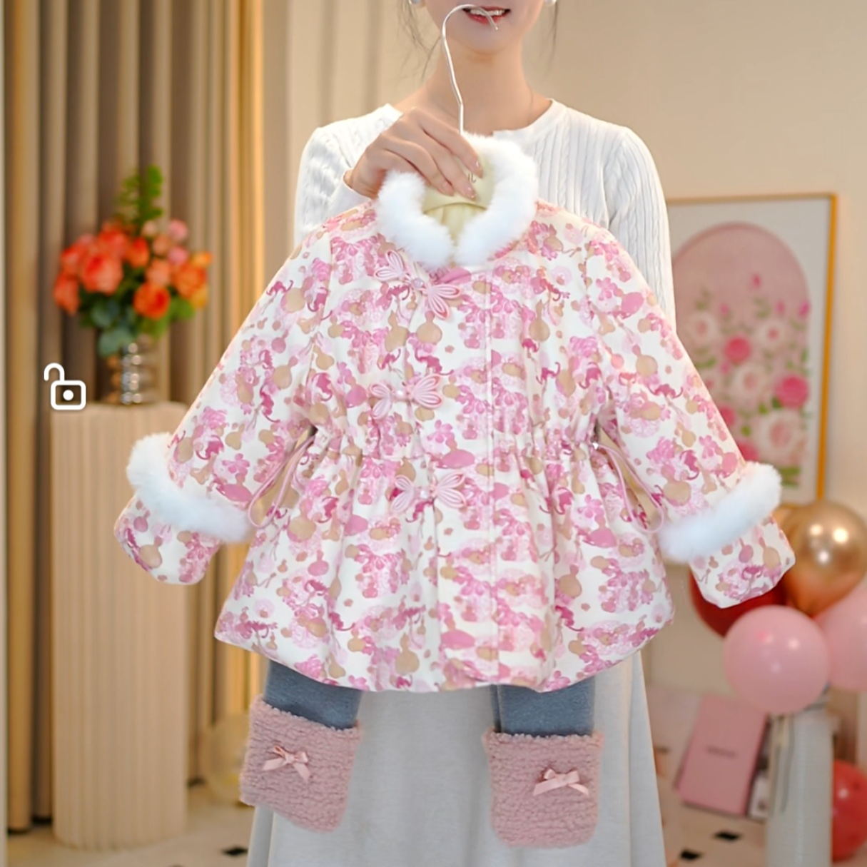 【佳琪妈】年服新年款新中式系列女童粉色加绒棉服外套-7217#