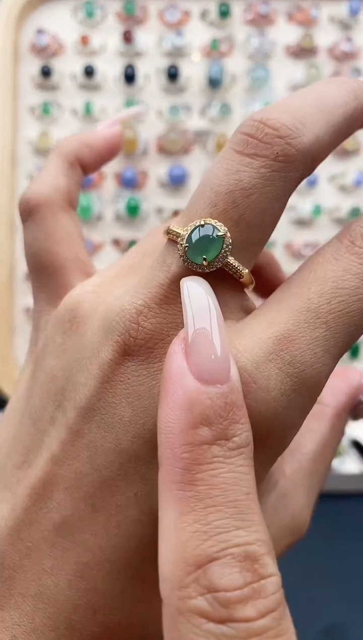 【闪购商品】翡翠戒指银S925镶嵌缅甸天然A货翡翠222  10+4