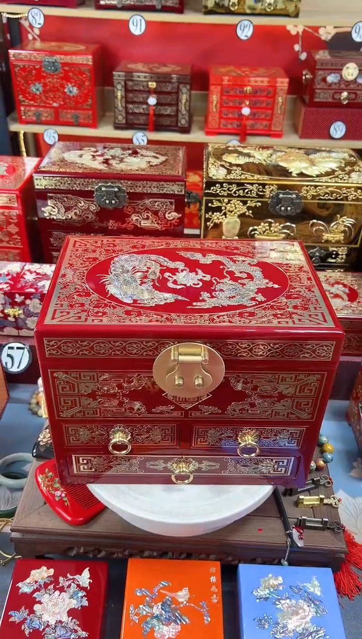 【闪购商品】28厘米四层三抽掐丝螺钿酒红色铜扣龙凤