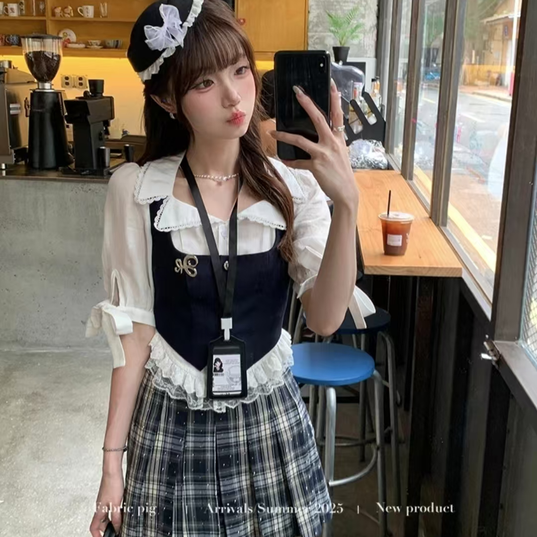 夜校甜心  学院风假两件马甲衬衫女夏V领上衣格子短裙
