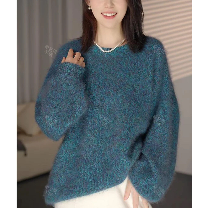 【蓝眼泪】花纱拉毛韩系圆领秋冬针织衫宽松慵懒风软糯亲肤套头毛衣