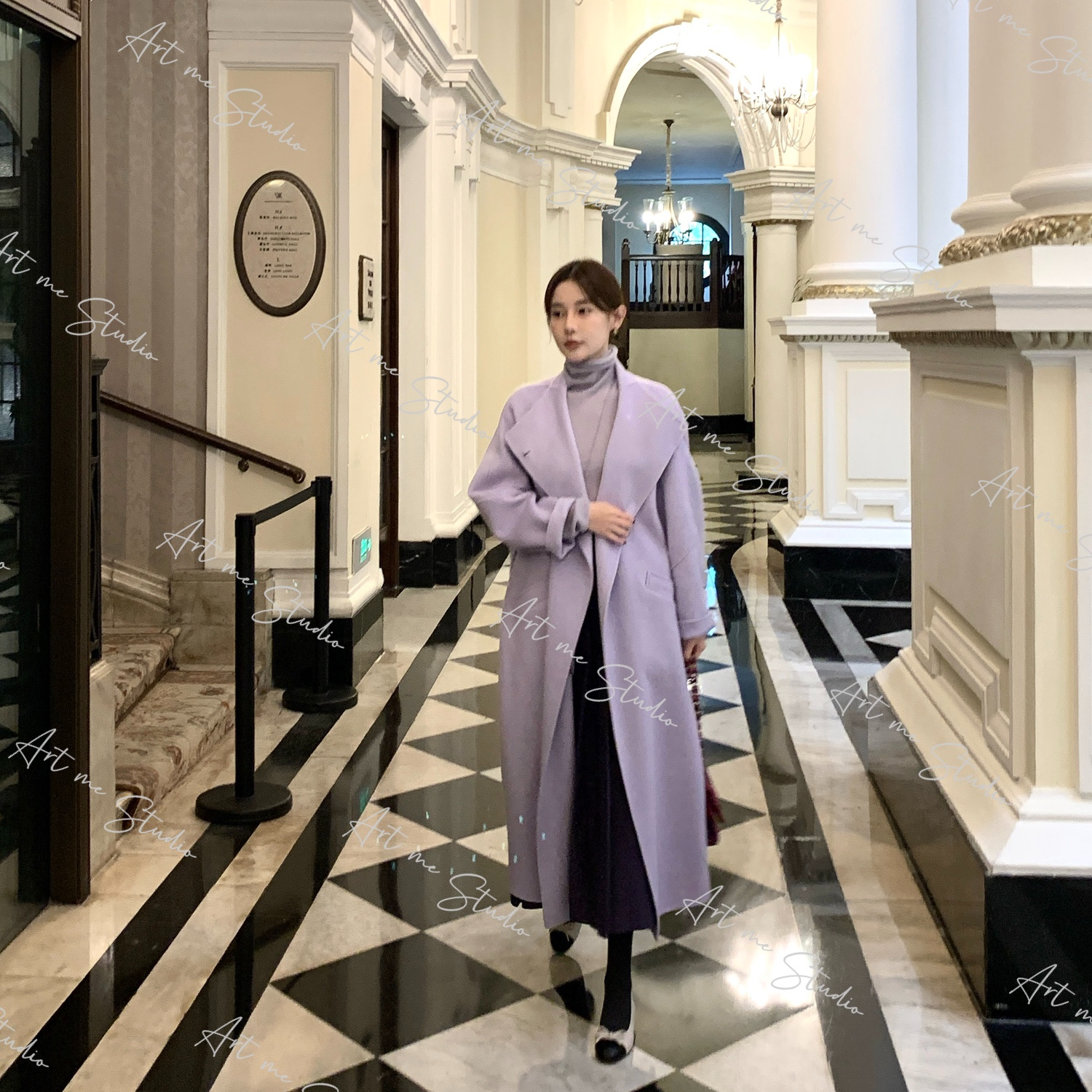 鎏金岁月绵羊绒混纺定染裹住温暖侧开襟长大衣w24443