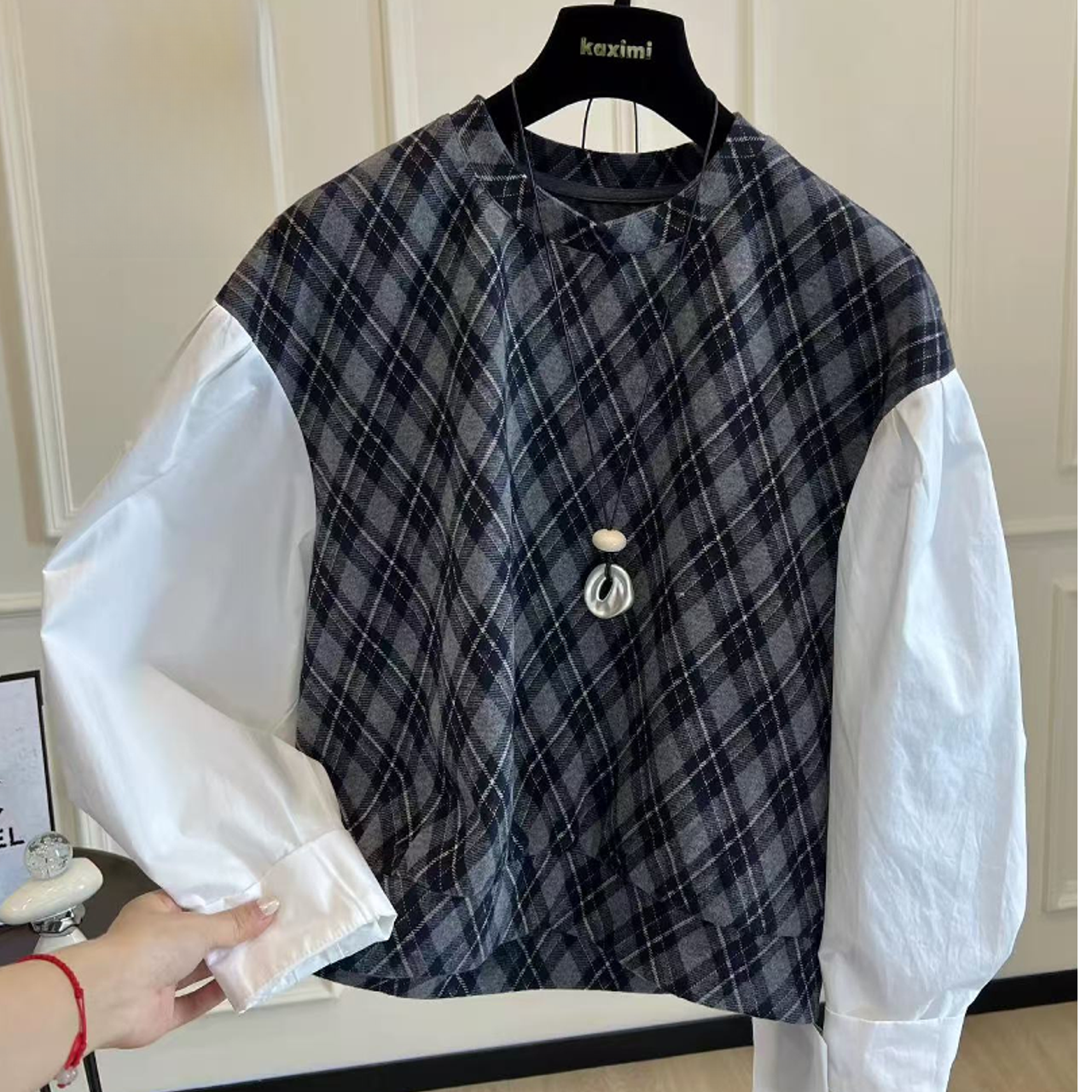 高端欧货秋季时尚气质格纹拼接假两件长袖衬衫