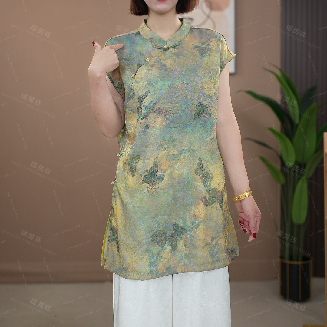 【玉蝶】人丝幻彩香云砂新中式国风小飞袖奥黛中长上衣7860