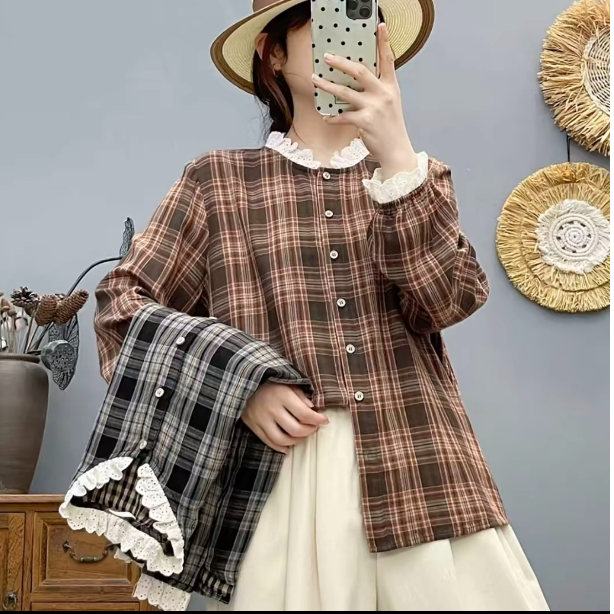 【禾女服饰】花边领格子衬衫