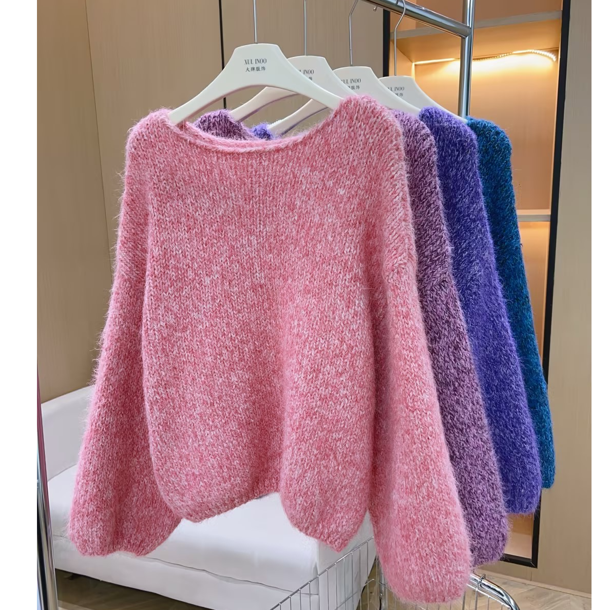 丨秋冬新款多色马海毛渐变一字肩设计氛围感针织衫 5992