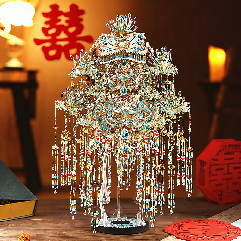 粉黛二十二凤冠鎏银鎏金十里红妆全套花轿国风可戴金属拼图结婚礼