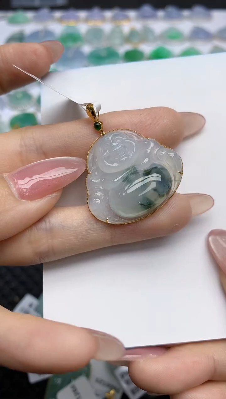 【闪购商品】翡翠挂件18K金镶嵌天然翡翠A货