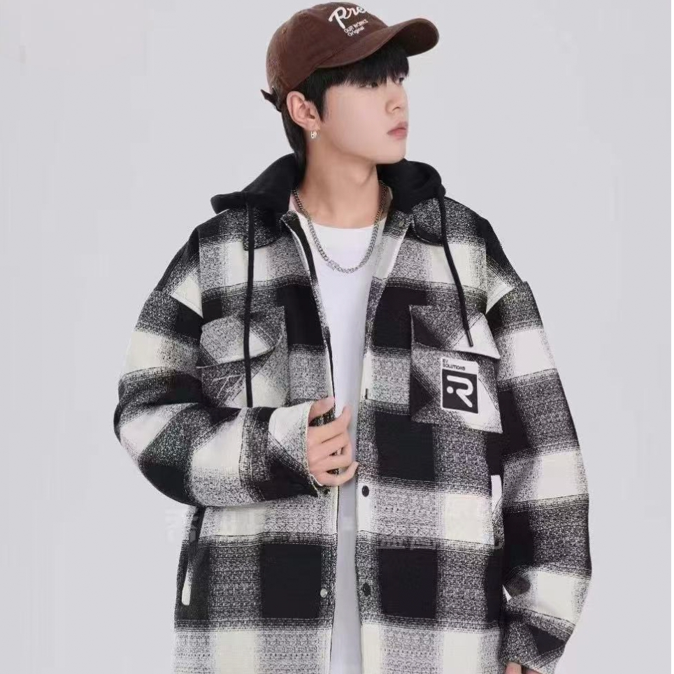 青少年150-180中性男大童女大童时尚休闲百搭连帽加棉衬衫外套