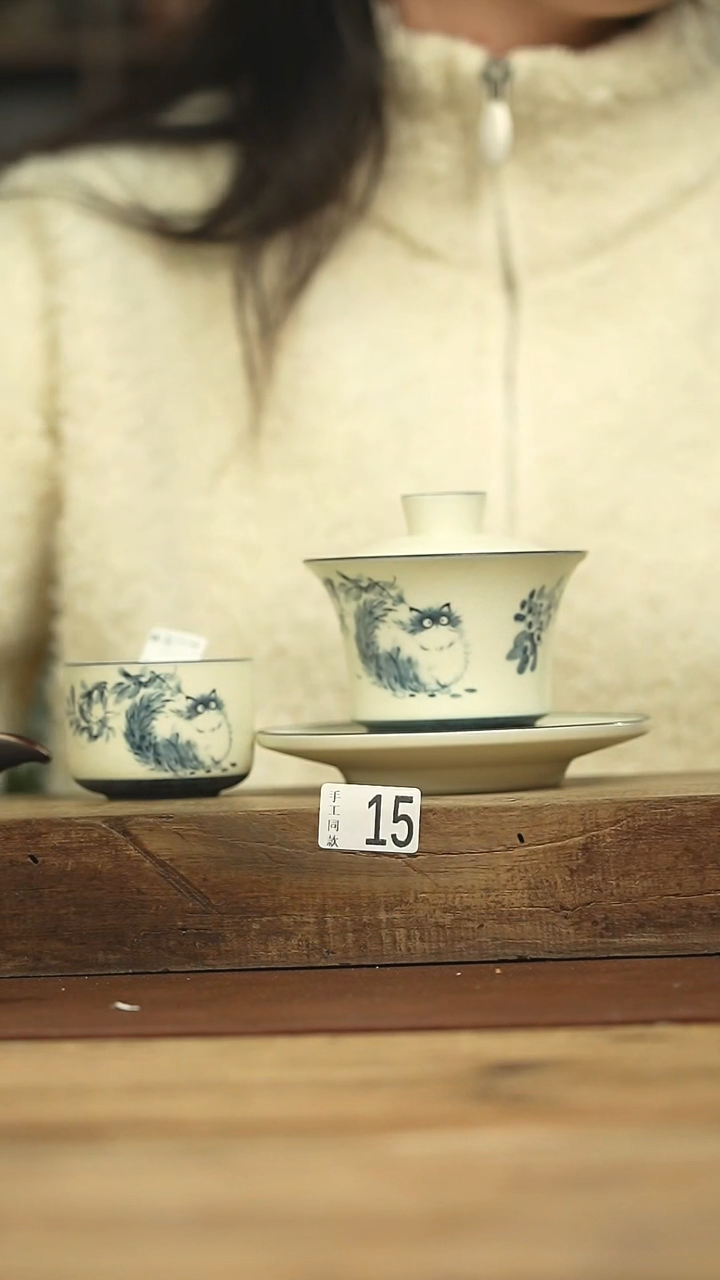 设计师手作款 青花小猫盖碗+杯