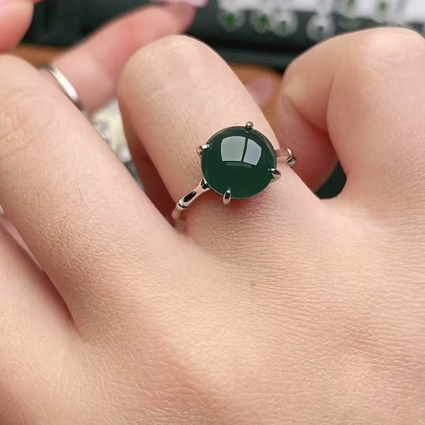 鑫辰珠宝天然A货翡翠银镶嵌设计款开口女戒指时尚百搭