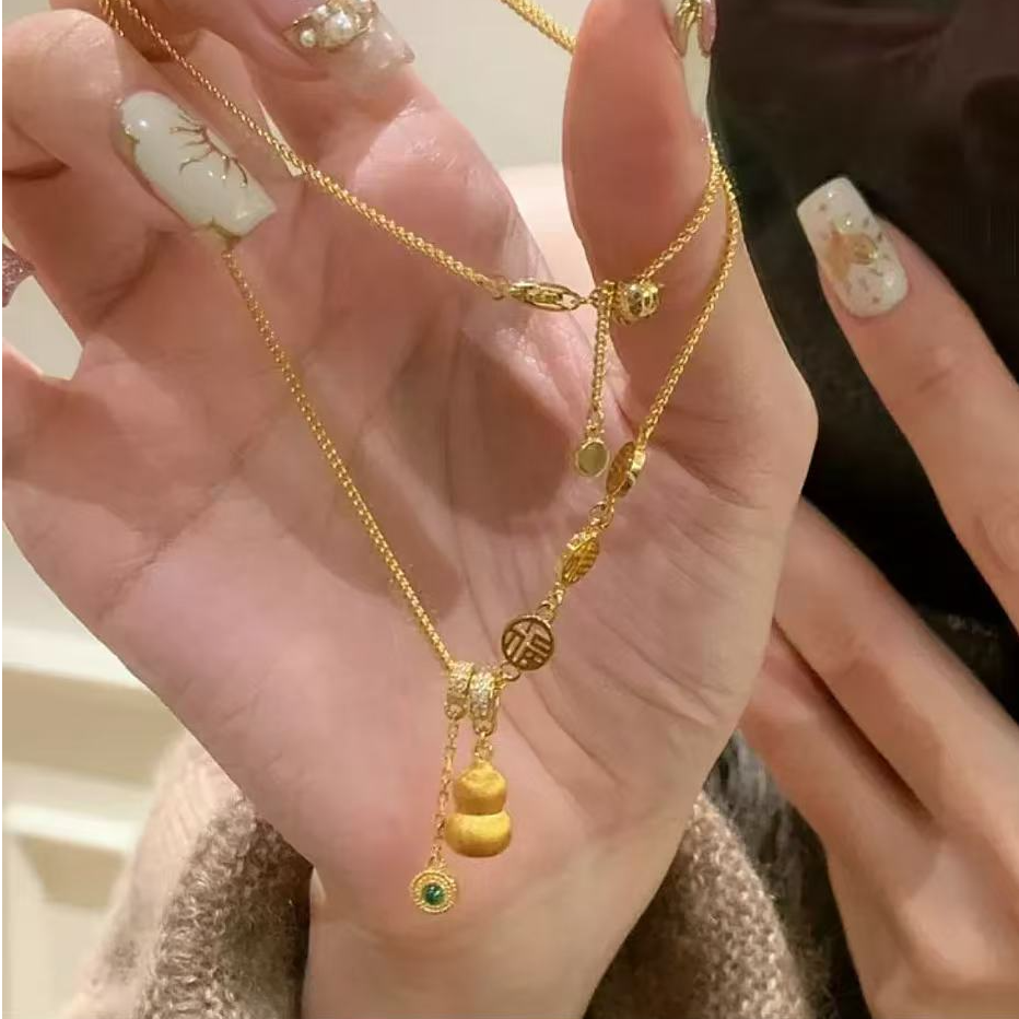  黄色 拉丝葫芦福牌项链-A49