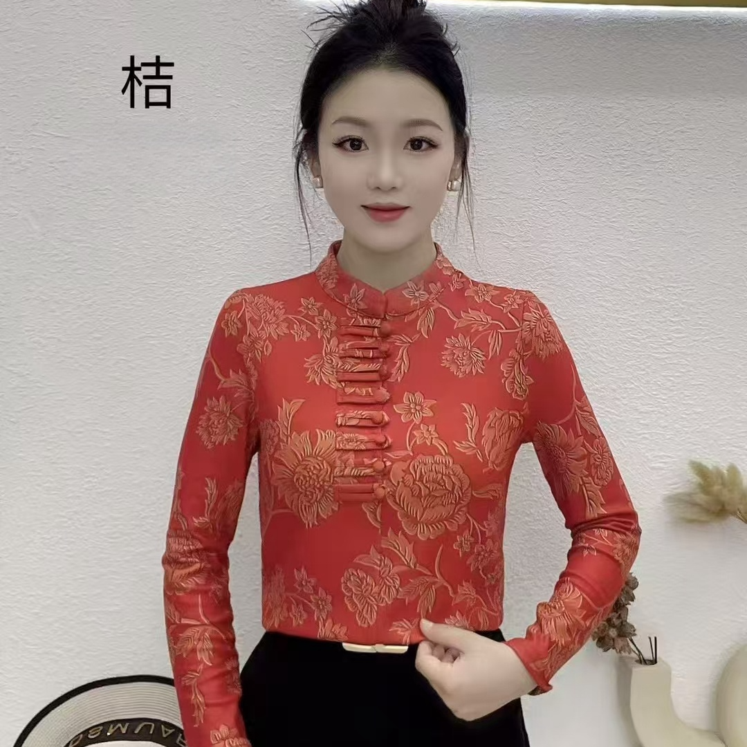 2024盘扣立领澳绒长袖衬衫女冬季复古时尚洋气显瘦修身打底上衣