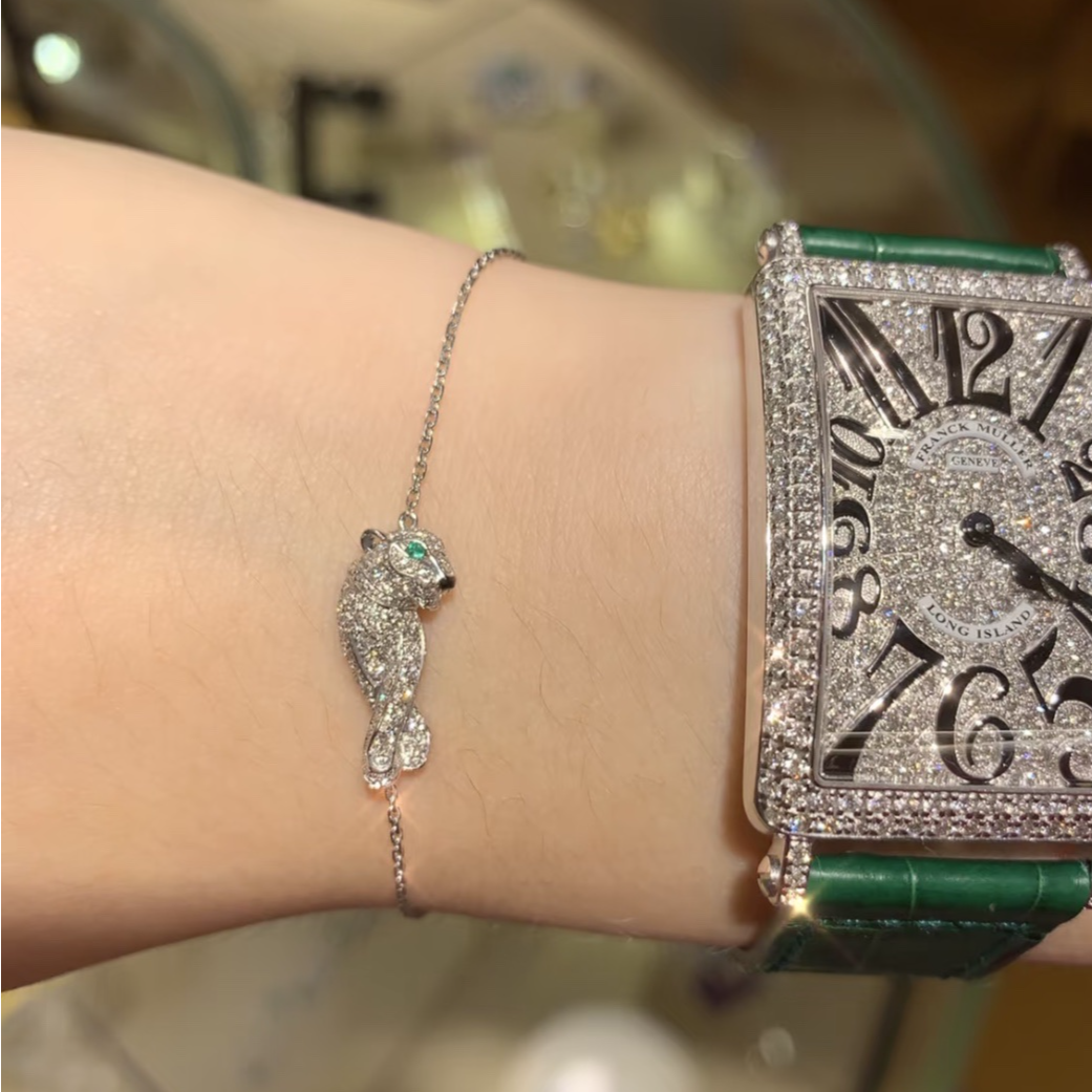 99新 Cartier/卡地亚 小花6珊 白金满钻豹子手链  小号
