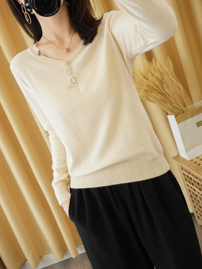 棉线针织长袖圆领打底衫小码女