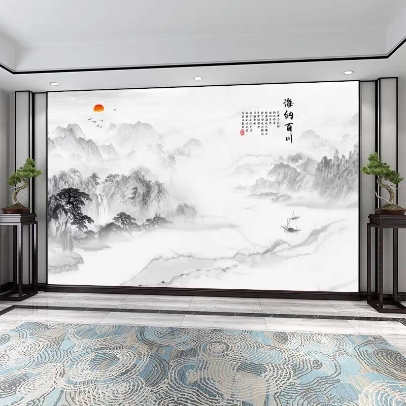 新中式大气水墨山水画电视背景墙壁纸客厅办公室茶室装饰墙纸壁画