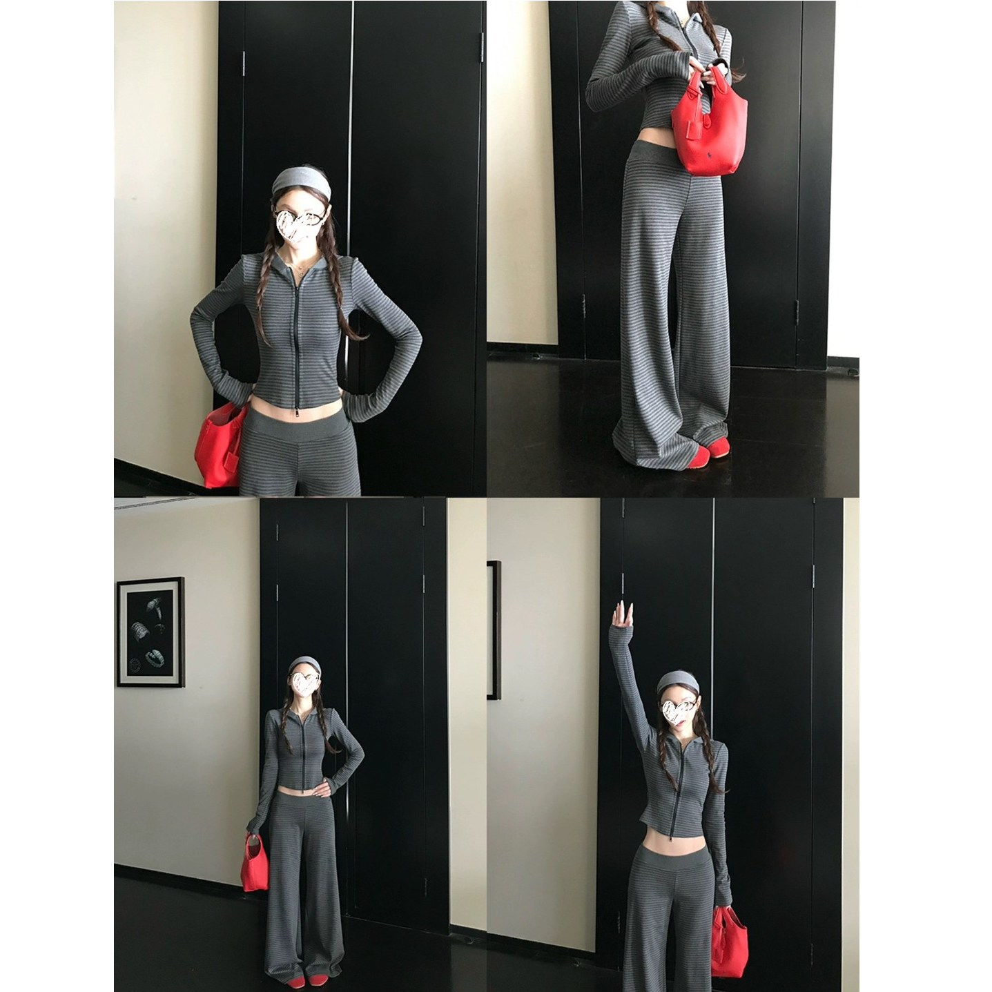 超绝腰臀比！“慵懒outfit”软糯条纹控入秋正肩连帽卫衣套装ZXH2244