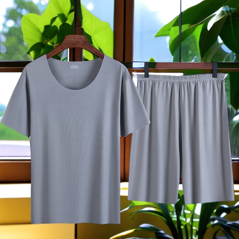 高弹力冰丝睡衣裤夏季薄款短袖短裤套装无痕圆领家居服男T恤休闲