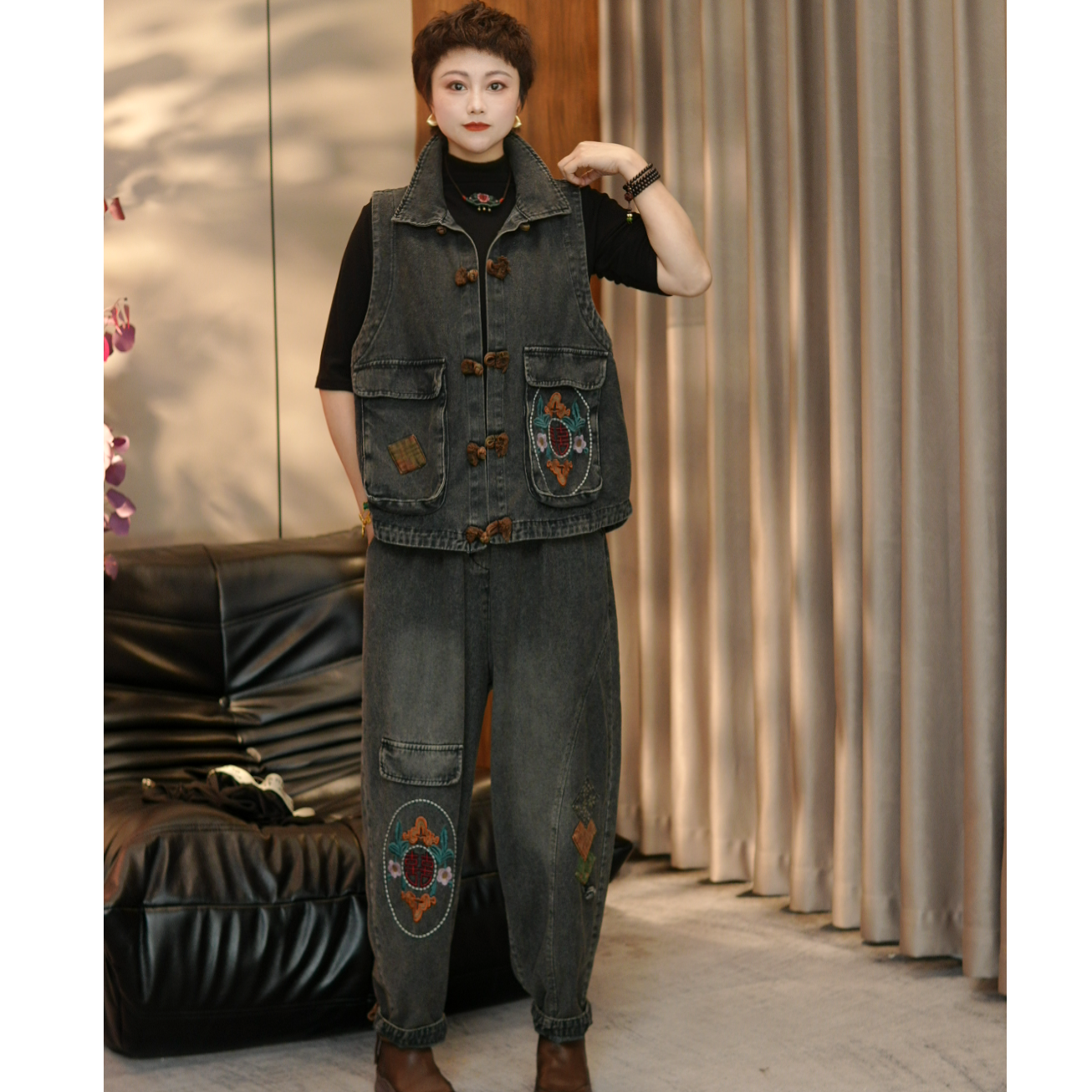 新款牛仔盘扣刺绣套装休闲时尚民族风无袖