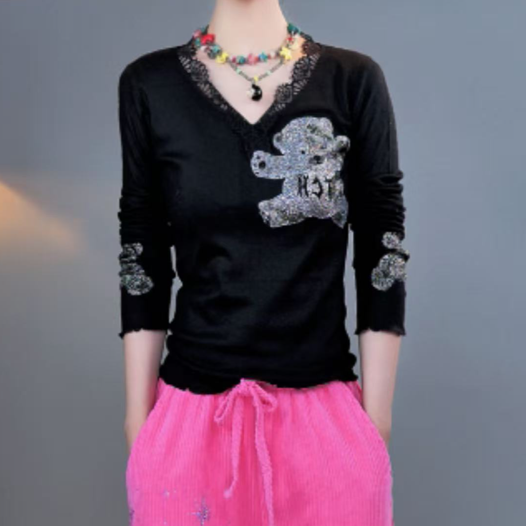 TCH私服秋冬慵懒风烫钻时尚淑女黑色针织衫T75D09E1043轻奢tch