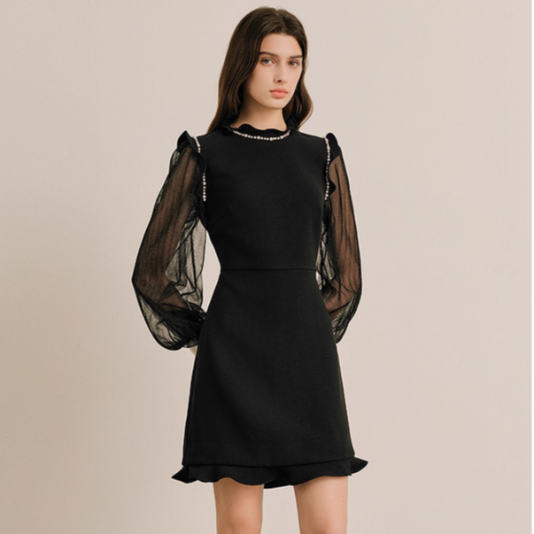 OBBLIGATO奥丽嘉朵2025秋季小立领钉珠薄纱拼接连衣裙1C65305300