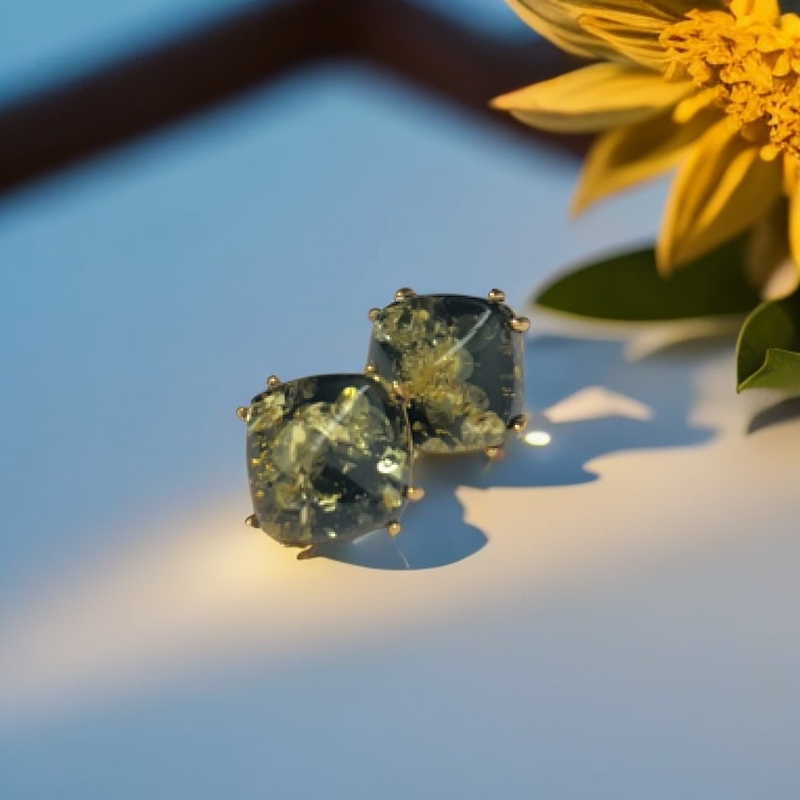 琥珀绿珀925银耳钉轻奢时尚百搭气质手工镶嵌