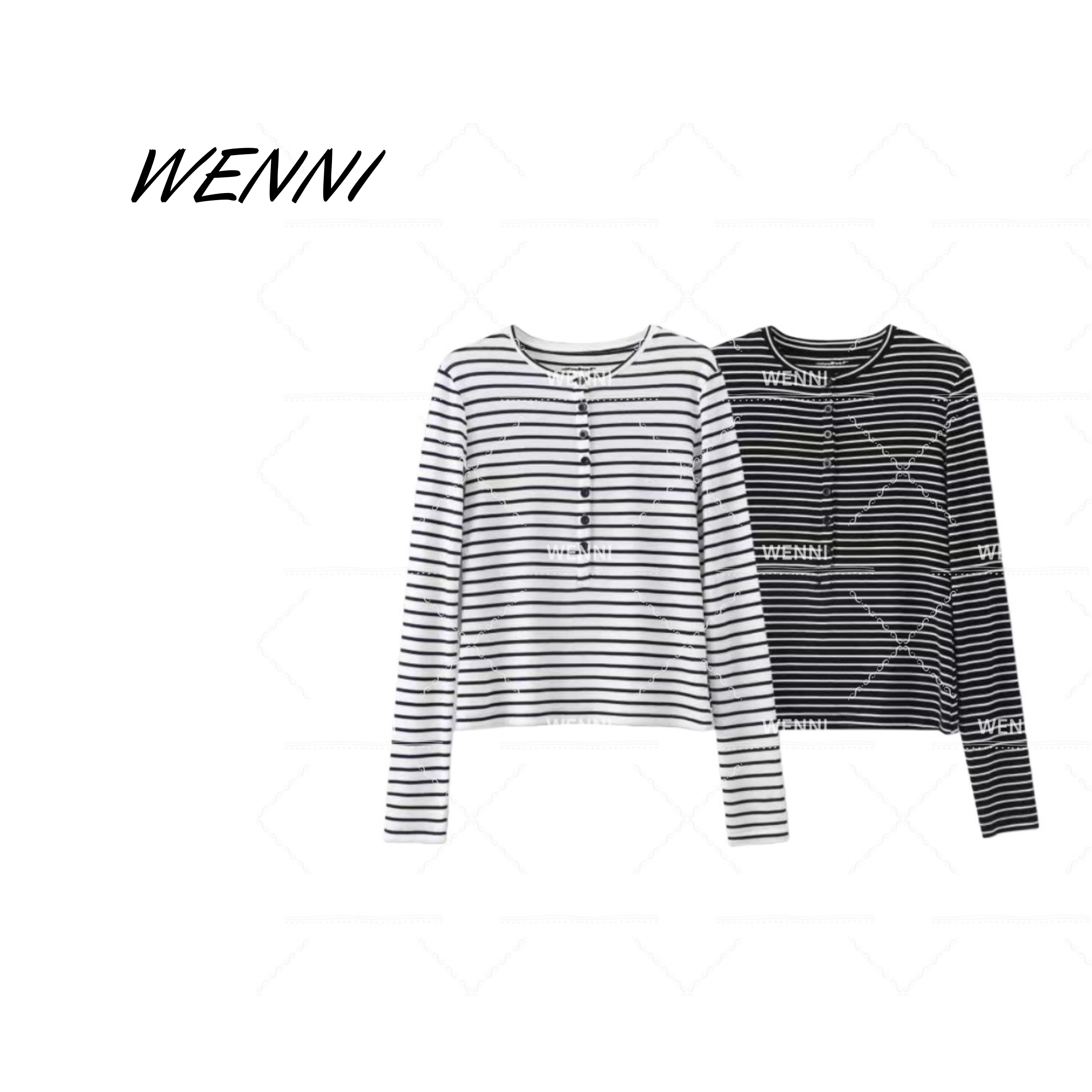 WENNI 【条纹亨利衫】灵动弹力经典修身条纹半开领长袖T恤10103