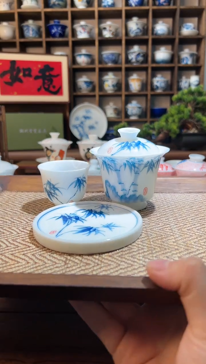 【闪购商品】手绘竹子高足盖碗+送盖置+送主人杯