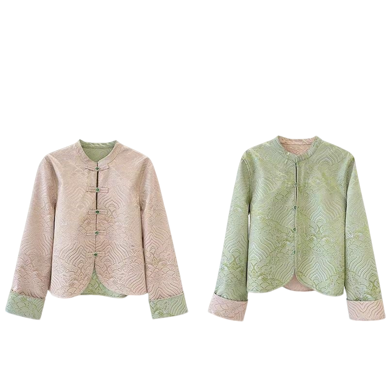 春秋新中式国风双面穿立领短款外套女时尚气质百搭复古提花上衣女