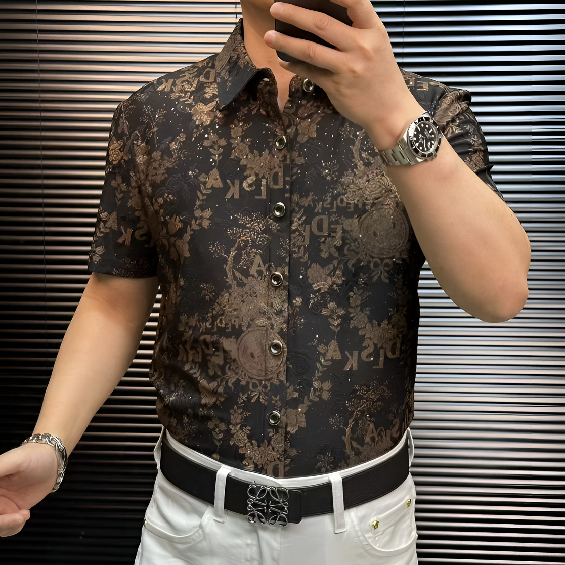 ST甄选新款无缝免烫高弹力高品质男士花卉字母短袖纽扣衬衫2552