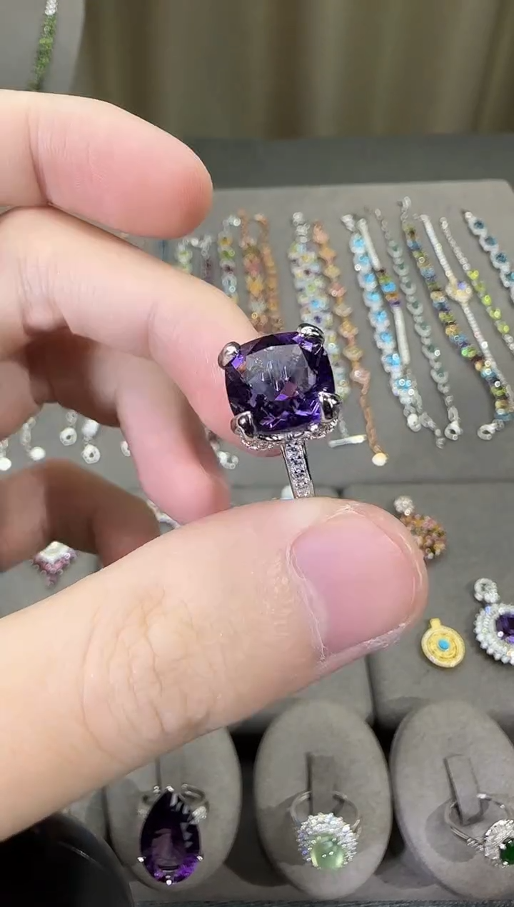 银S925镶嵌戒指紫晶11mm戒指简约款