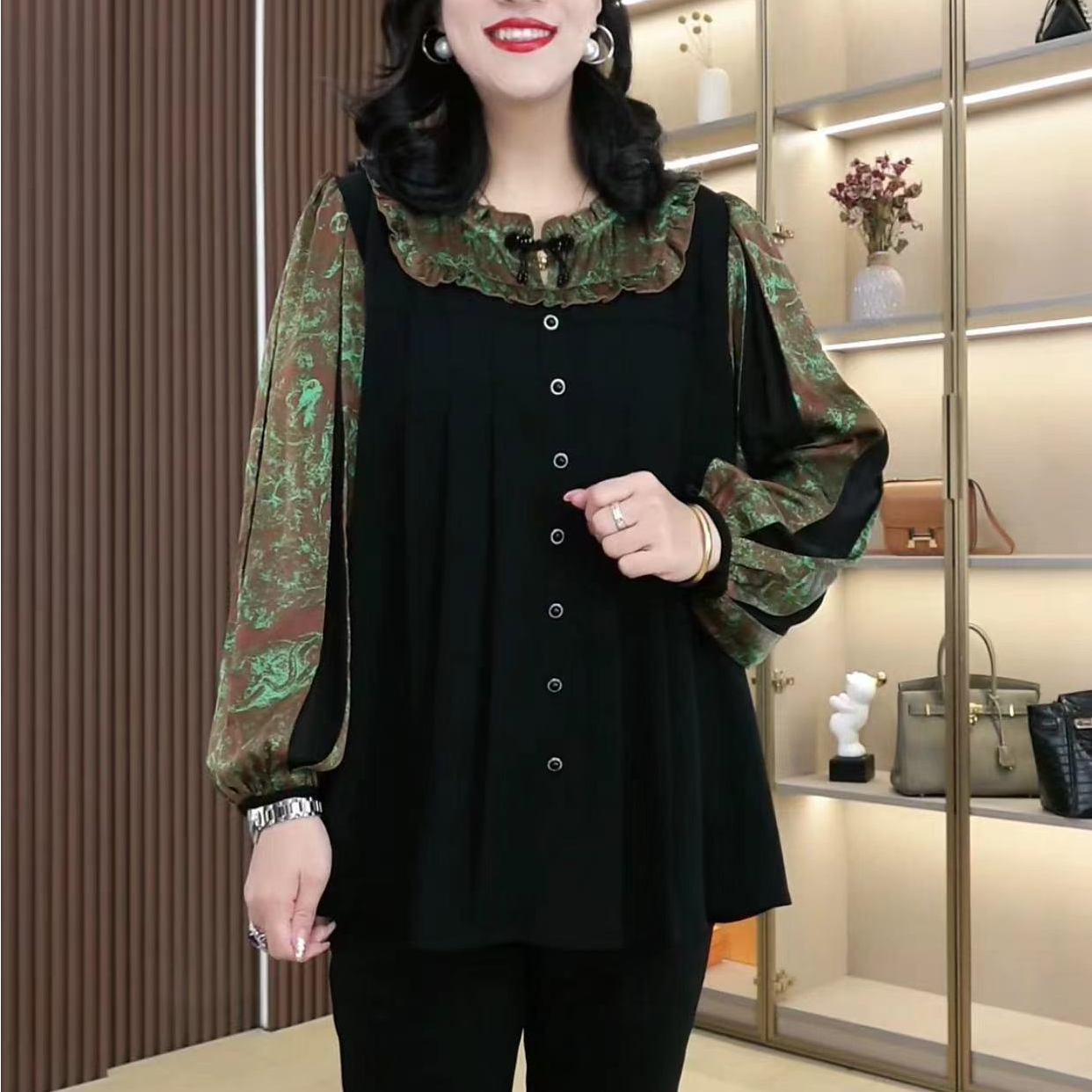 丹思慕秋季新款大码女装洋气休闲时尚拼接盘扣显瘦上衣241335