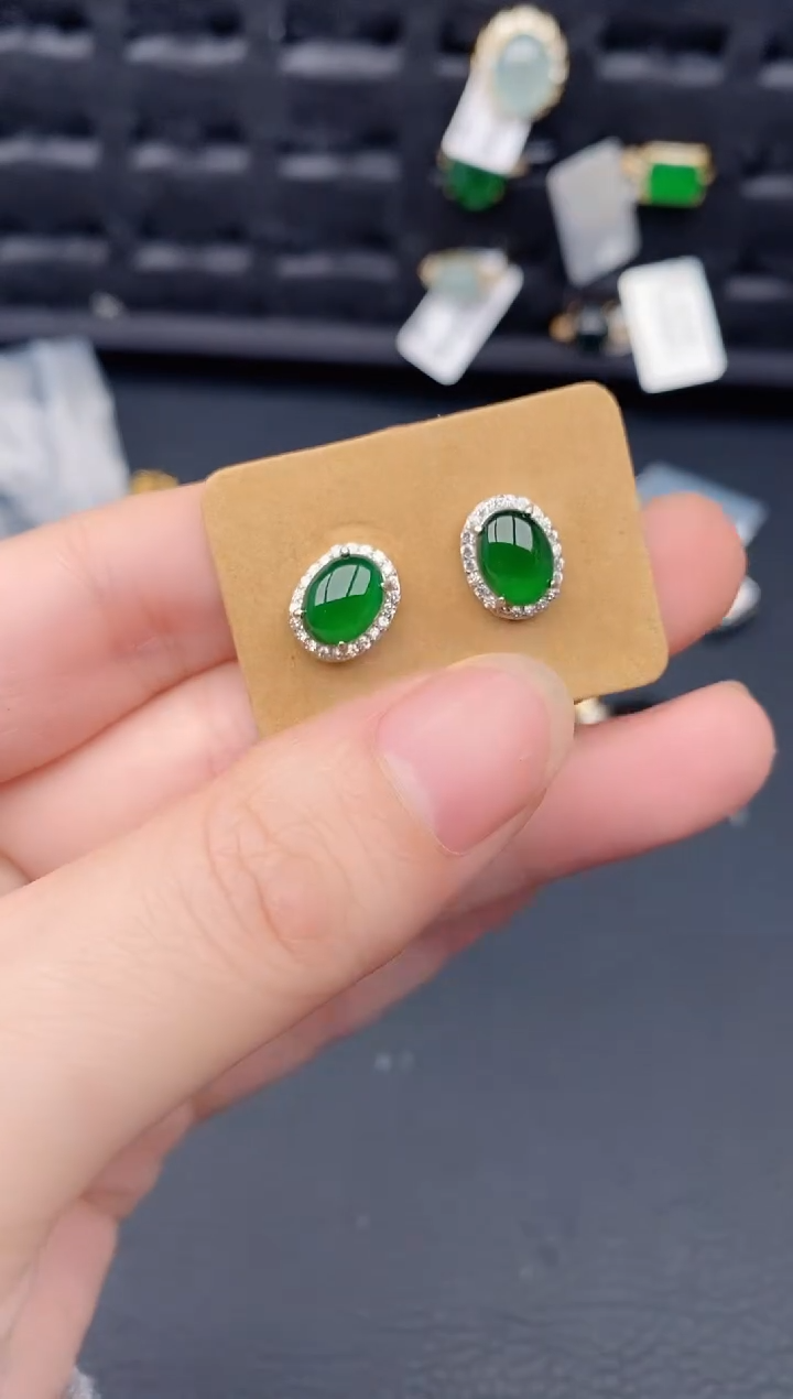 银S925镶嵌翡翠耳饰天然a货翡翠331
