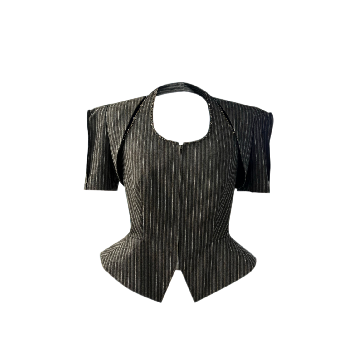 【XSY】XTH挂脖小外套可拆两穿竖条纹背后弹力幻影旋律两件套上衣