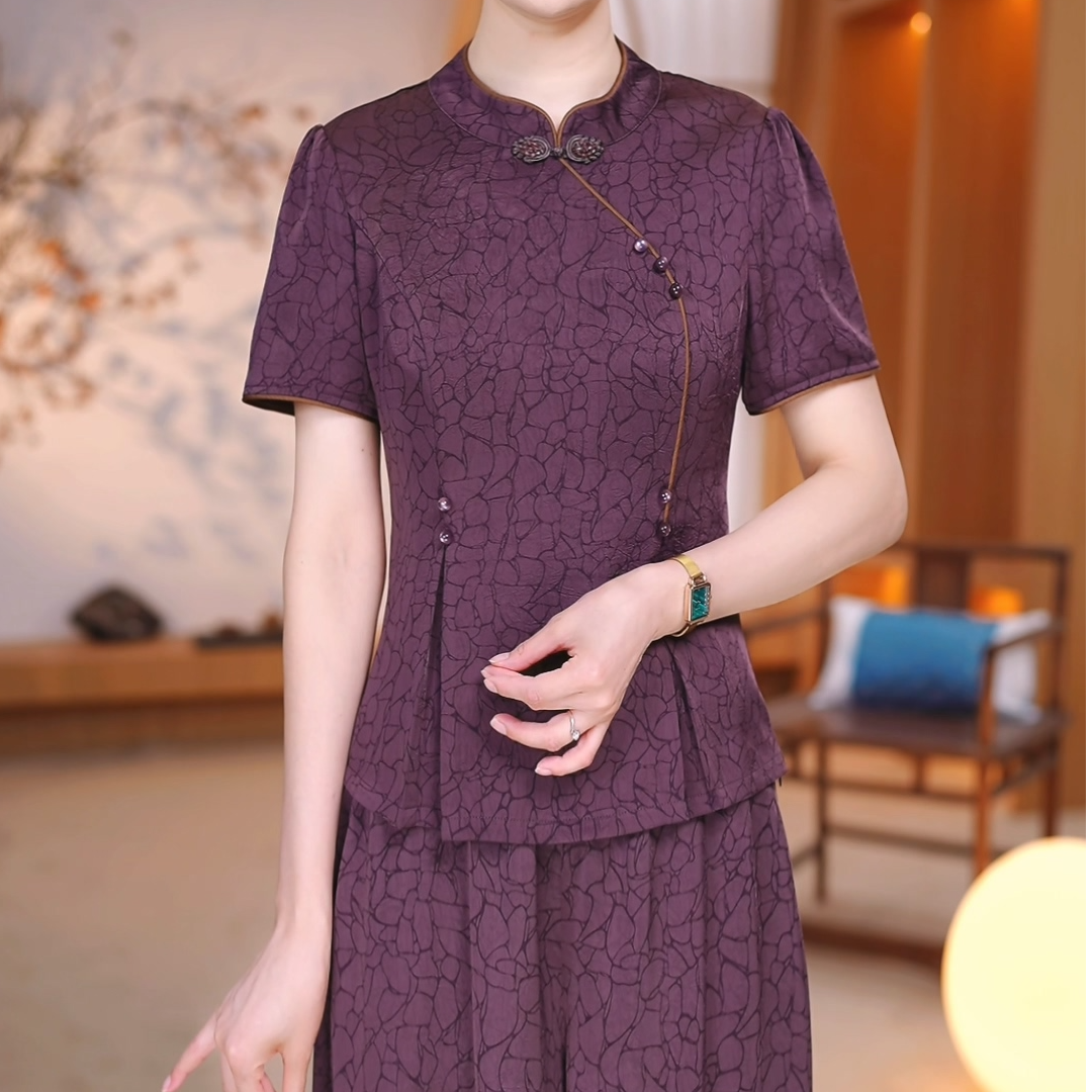 两件套2025夏季新款洋气改良旗袍妈妈装上衣+裤子（燕）ZRF-25797