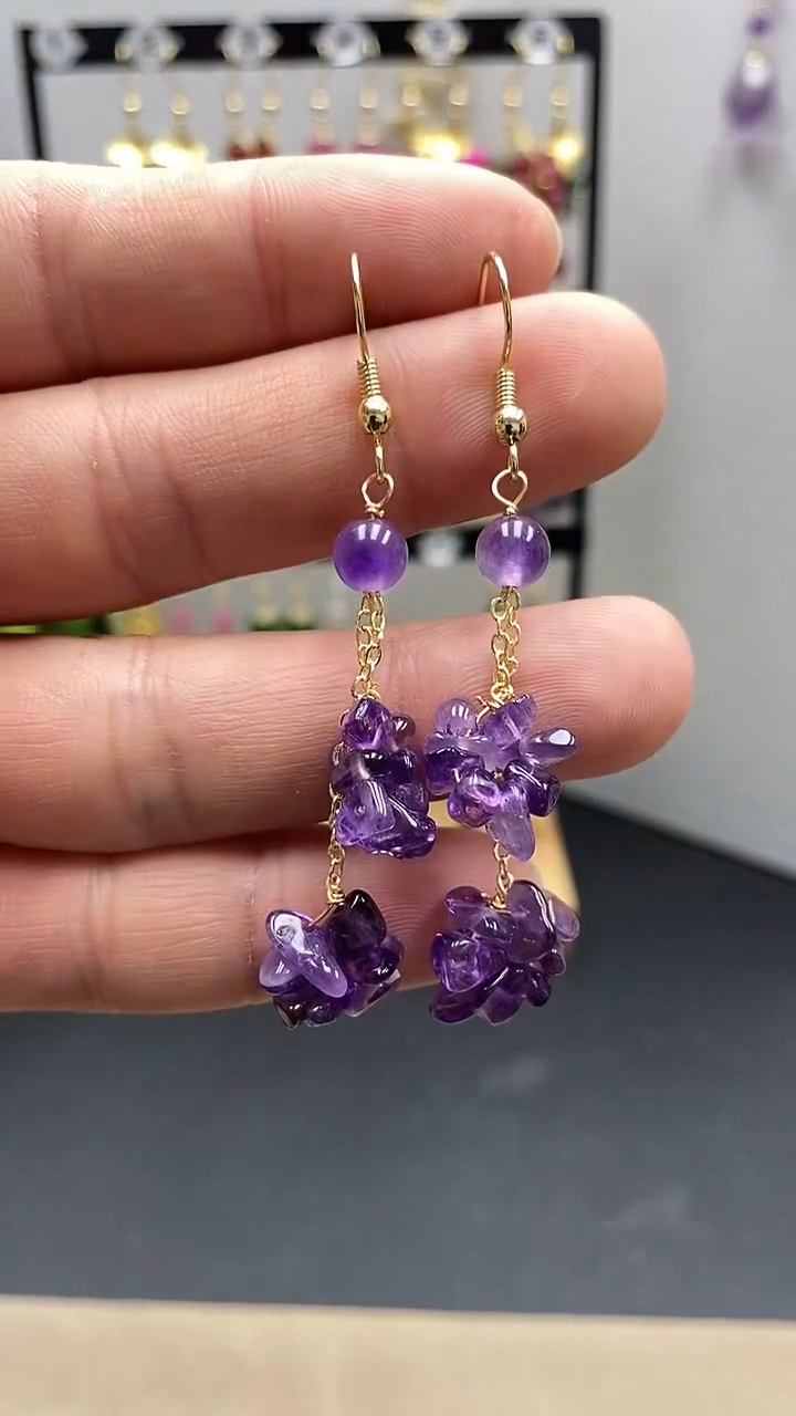 【闪购商品】紫晶耳饰银S925镀金镶嵌随型碎石00