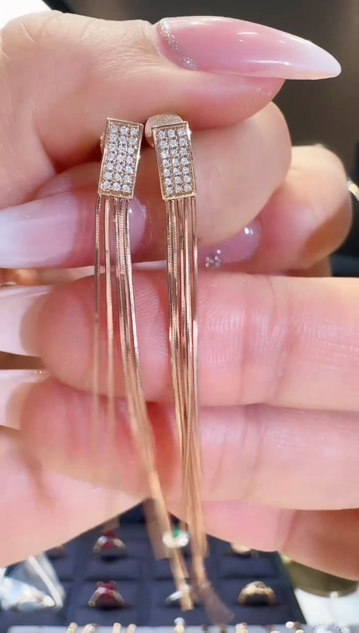 【闪购商品】钻石耳线18K金镶嵌钻石方形流苏耳线
