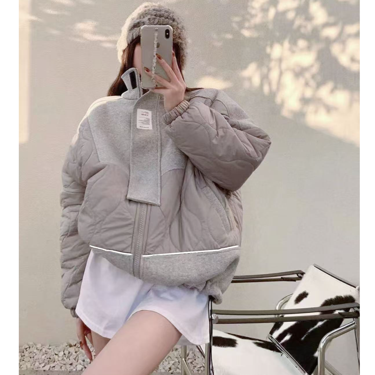 9211-卫衣拼接面包羽绒服（时尚休闲款）（灰色）