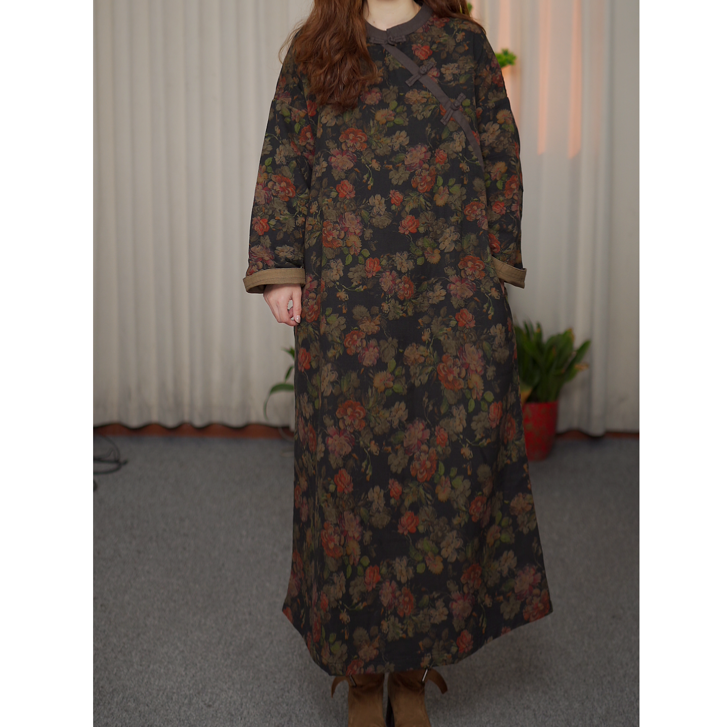 花璟与麻原创设计款复古立领旗袍连衣裙（裙长116胸围124）