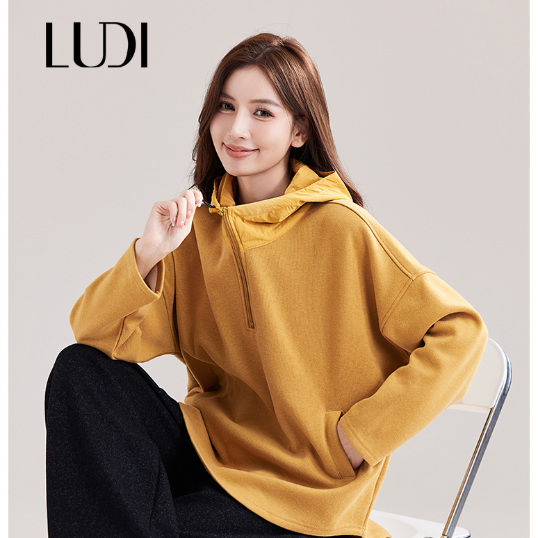 露迪尚品LDW257175女款宽松型拉链连帽长袖卫衣纯色秋季