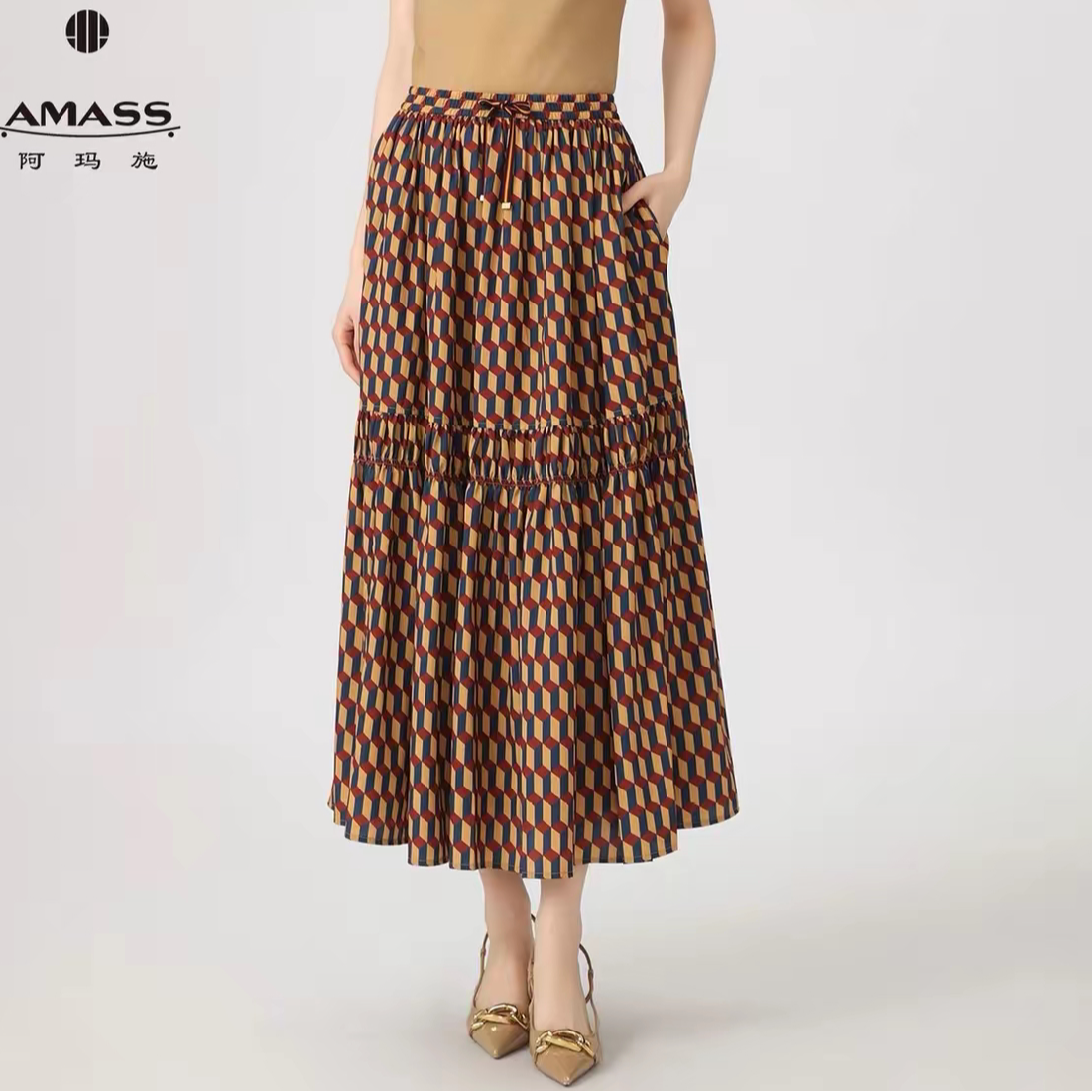 AMASS/阿玛施时尚半身裙拼接显瘦印花收腰高腰慵懒风5200408