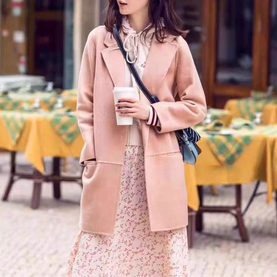 029极简风粉色单面呢大衣韩版洋气毛呢外套女女士网红