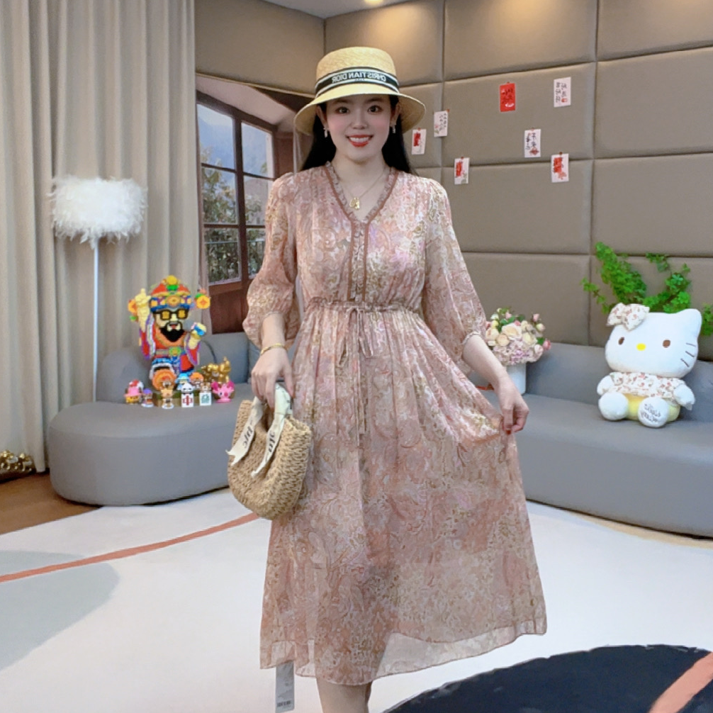 【火火精选】“落日花园”法式夏季温柔气质时尚桑蚕丝连衣裙 80136